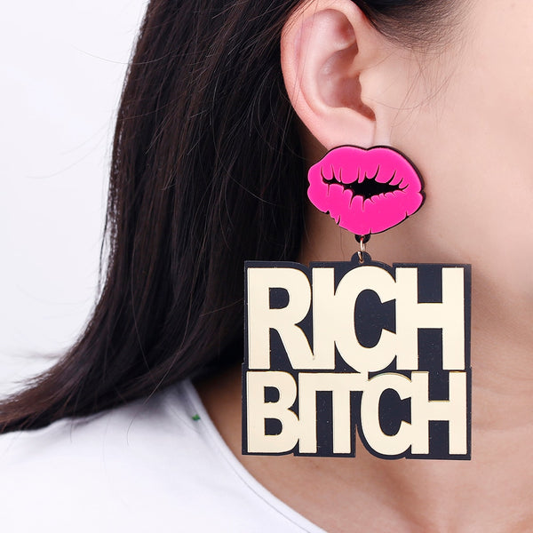 Girls Night 'RICH BITCH'  Big Pendant Earrings - GirlsNightcom