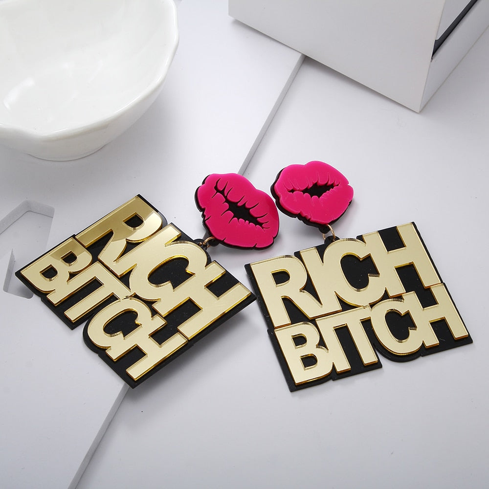 Girls Night 'RICH BITCH'  Big Pendant Earrings - GirlsNightcom
