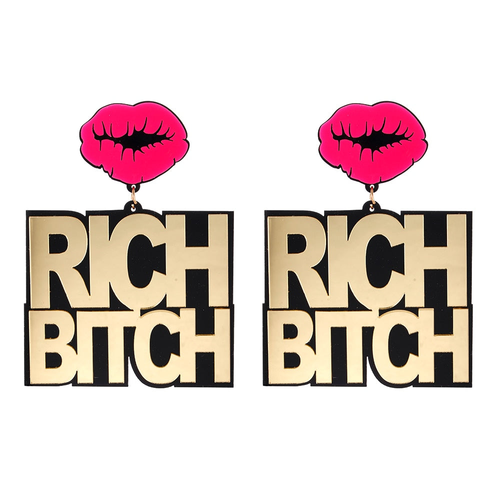 Girls Night 'RICH BITCH'  Big Pendant Earrings - GirlsNightcom