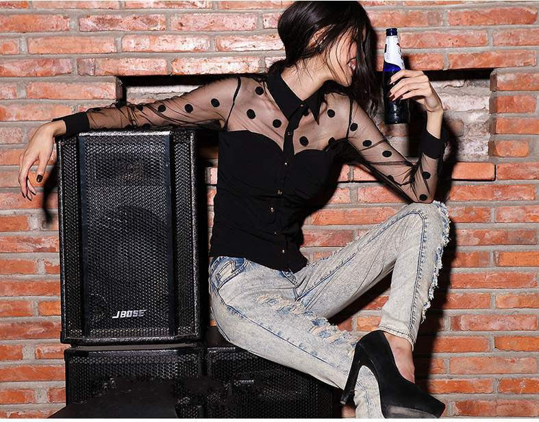 Add XXL Sexy Mesh Women Blouse Transparent Polka Dot Patchwork Shirt Vintage Long Sleeve Night Club blusas femininas T5469 - GirlsNightcom