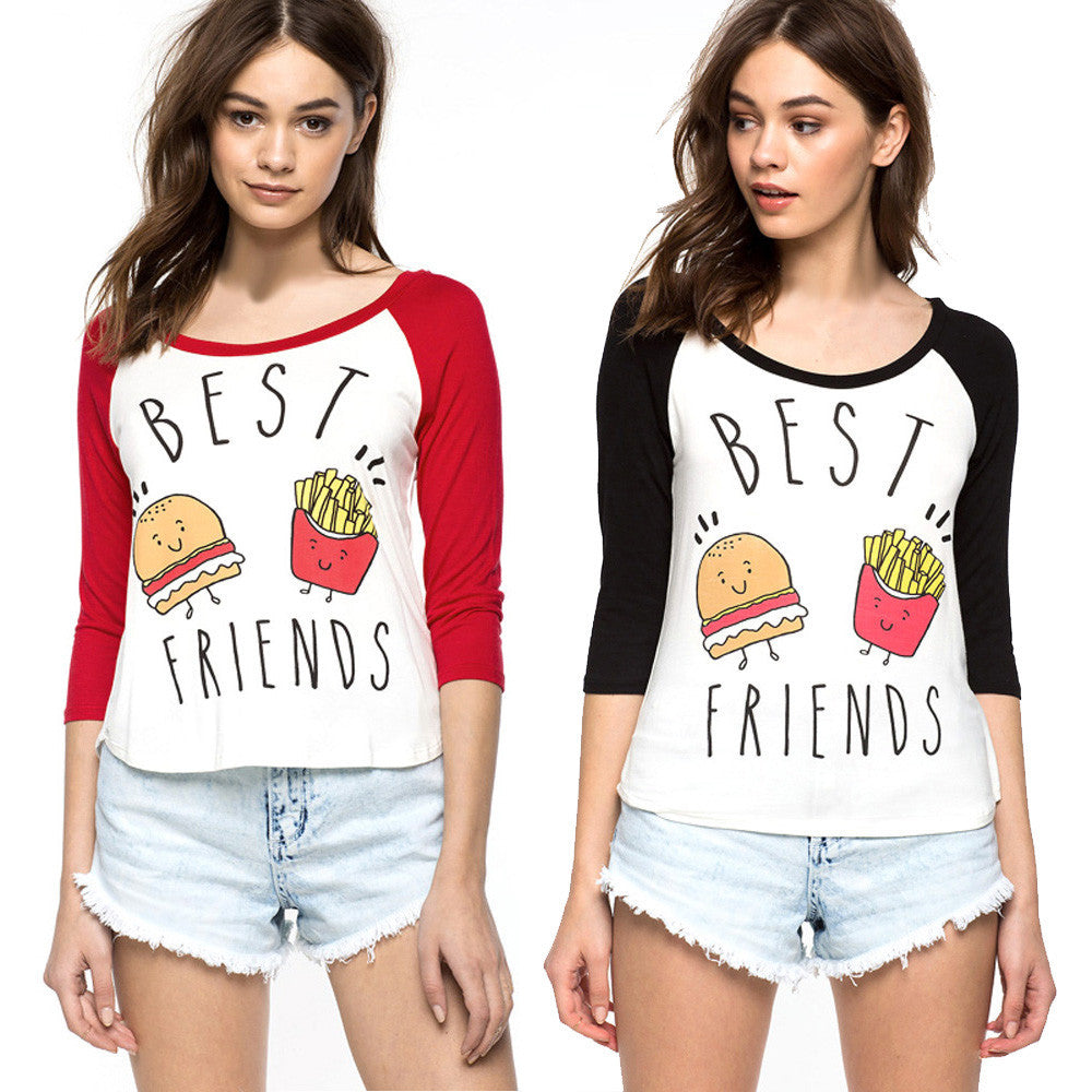 T-shirt Women 2016 Summer O Neck Best Friends Print 3/4 Sleeve Casual T shirts Hamburger And French Fries Pattern Pullover Tees - GirlsNightcom