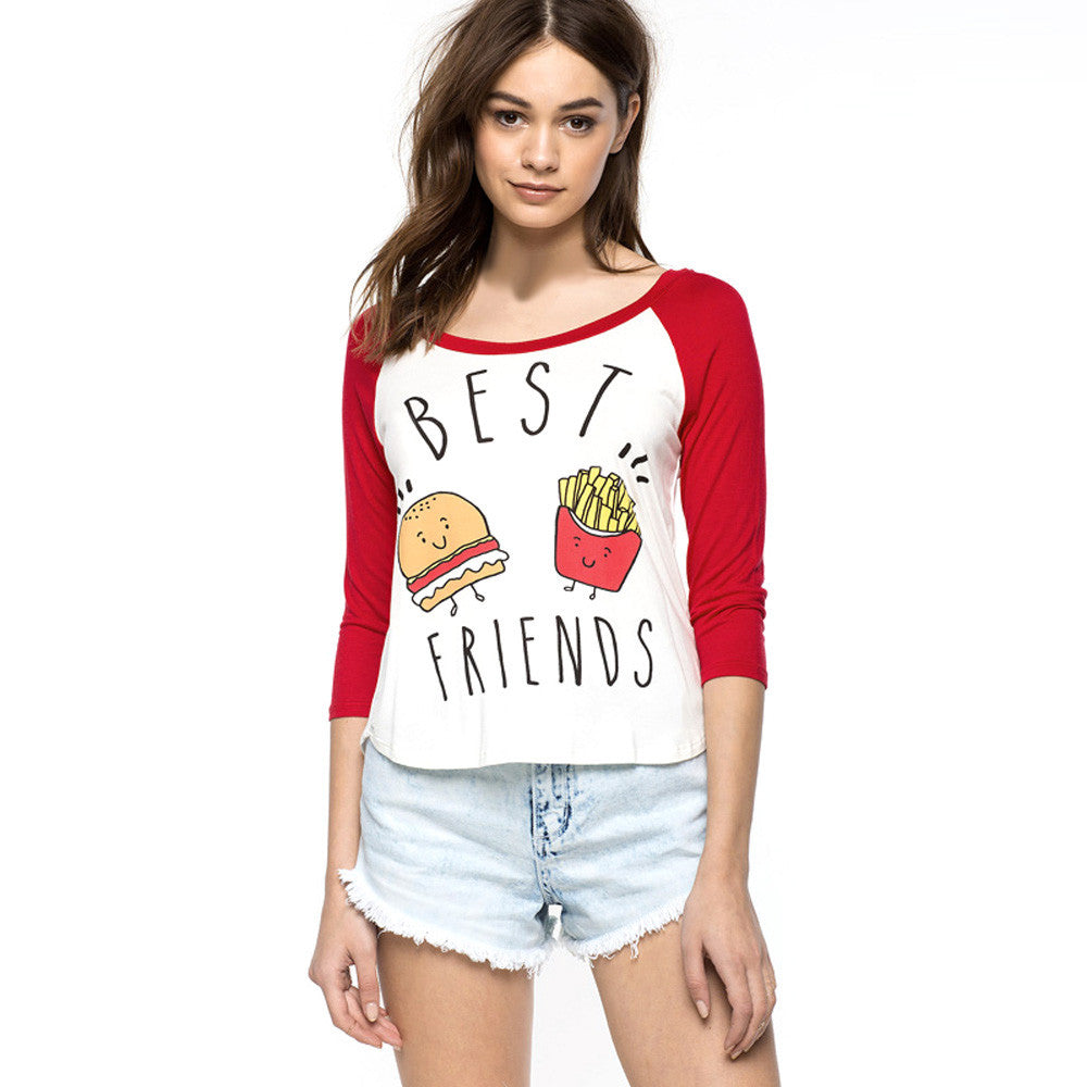 T-shirt Women 2016 Summer O Neck Best Friends Print 3/4 Sleeve Casual T shirts Hamburger And French Fries Pattern Pullover Tees - GirlsNightcom